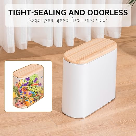 Small Bathroom Trash Can with Lid, 10L/2.6 Gal Slim Wastebasket - Odor & Pet Proof, Inner Bucket & Wood Grain Top, Plastic White Garbage Can for Kitchen, Bedroom, Living Room, Office, RV