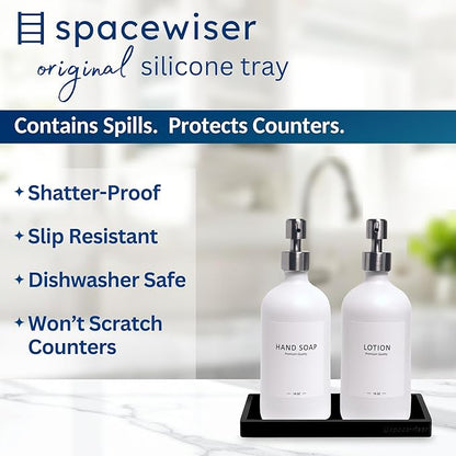 Spacewiser Countertop and Vanity Tray – Small 7.7” Silicone Tray, Soap Dispenser Trays, Bathroom Trays, Kitchen Soap Holder Sink Organizer Counter Caddy for Soaps Bottle Keys, Sponge Holder Dish Black