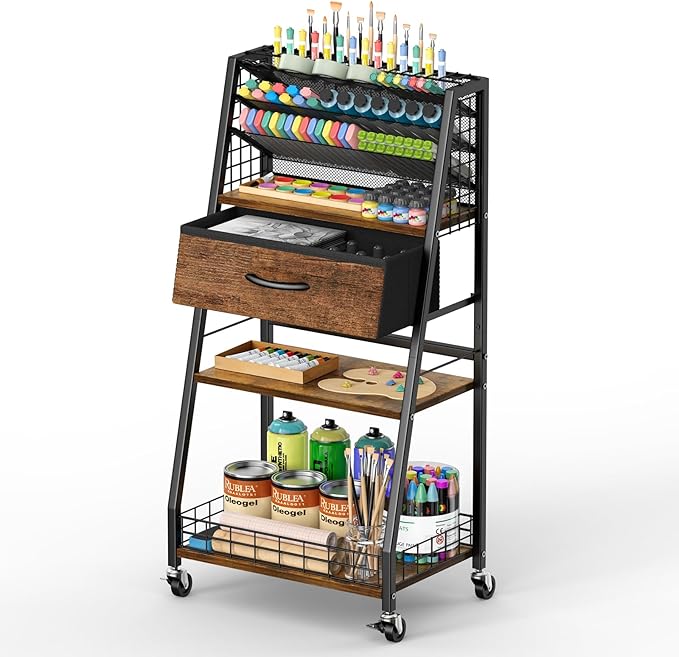 Housolution 3 Tier Rolling Cart with Drawer, Utility Cart with Lockable Wheels, Multi-Functional Arts and Crafts Organizer Storage for Brushes & Paints & Artifacts, Ideal for Home Office Studio