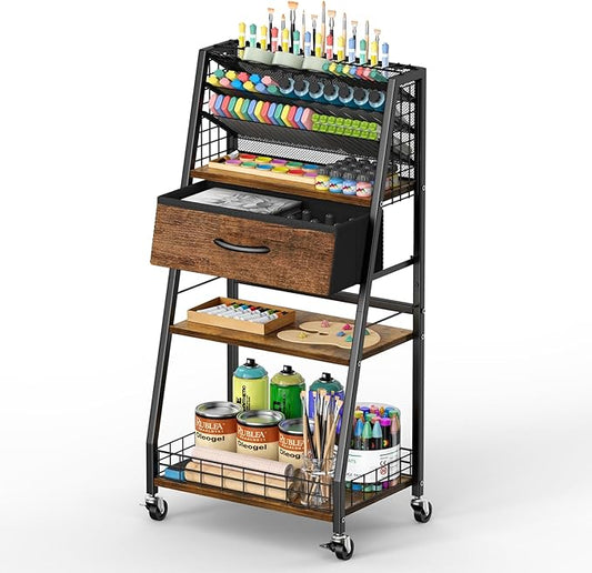 Housolution 3 Tier Rolling Cart with Drawer, Utility Cart with Lockable Wheels, Multi-Functional Arts and Crafts Organizer Storage for Brushes & Paints & Artifacts, Ideal for Home Office Studio