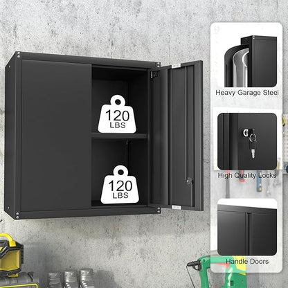 Garage Wall Cabinets,Metal Wall Cabinet for Garage with Locking Doors,Locking Storage Cabinet with Shelf,Wall Mount Cabinet for Home Office,Utility Room,Black