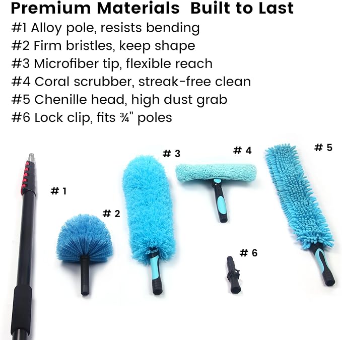 26FT High Reach Cleaning Kit - Includes 24FT Telescoping Extension Pole Bendable Chenille Duster & Microfiber Duster Cobweb Duster Glass Scrubber & Squeegee Swivel Head - for Ceiling Fans Windows