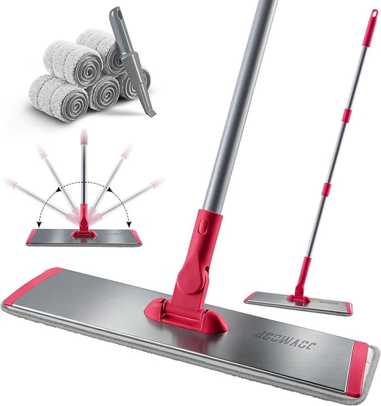JOYMOOP 18 Inch Dust Mop for Hardwood Floors, Heavy Duty Industrial Wet Dry Mops with Telescopic Handle, Includes 5 Microfiber Mop Pads - Red-Grey