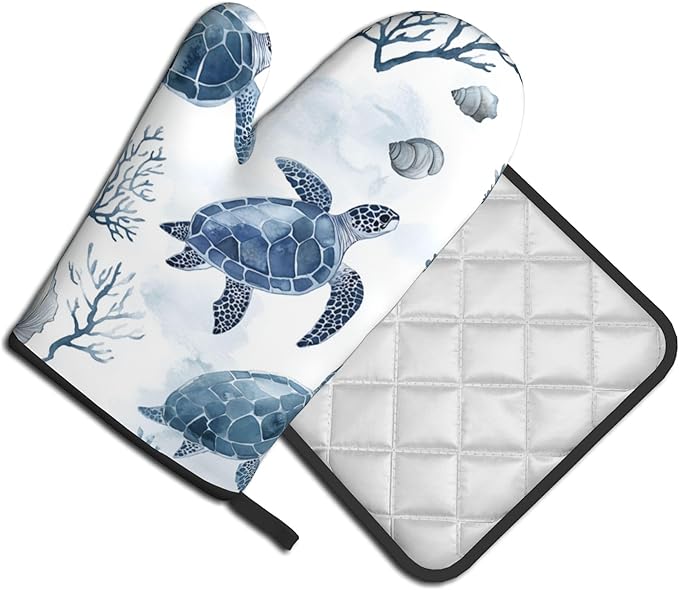 Nautical Oven Mitts for Women - 2 PCS Coastal Oven Gloves Summer Kitchen Mitts Beach Seashell Potholders for Baking and Cooking