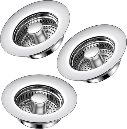 Kitchen Sink Drain Strainer 3 Pack, 304 Stainless Steel Pop Up Sink Stopper, Anti-Clogging Sink Drain Strainer for US Standard Kitchen Drain (Chrome)