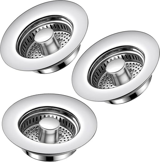 Kitchen Sink Drain Strainer 3 Pack, 304 Stainless Steel Pop Up Sink Stopper, Anti-Clogging Sink Drain Strainer for US Standard Kitchen Drain (Chrome)