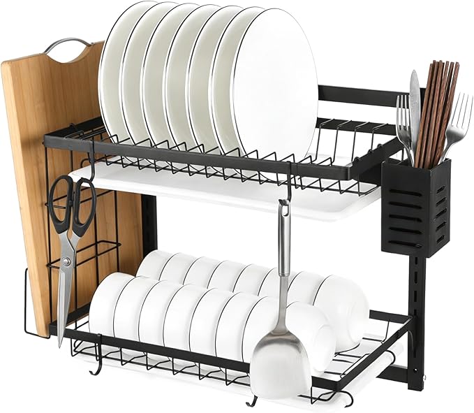 OMISTAR 2 Tier Wall Mounted Dish Rack, Large Capacity Hanging Dish Drying Rack Adjustable Heights, Carbon Steel Frame with Cutting Board Holder, Utensil Holder for Kitchen, Black
