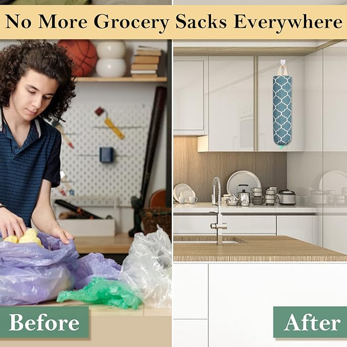 Plastic Bag Holder, Washable Grocery Bag Holder for Plastic Bags, Durable Plastic Bag Storage Dispenser with Hanging Loop, Wall Mount Trash Bag Dispenser for Home Kitchen Cabinet (Dark Green)