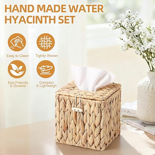 BSSN Water Hyacinth Wicker Trash Can with Lid and Tissue Box Cover Set, 3 Gallon Rattan Bathroom Wastebasket, Boho Bathroom Accessories for Bedroom, Toilet, Office, Natural