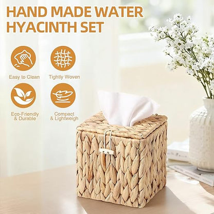 BSSN Water Hyacinth Wicker Trash Can with Lid and Tissue Box Cover Set, 3 Gallon Rattan Bathroom Wastebasket, Boho Bathroom Accessories for Bedroom, Toilet, Office, Natural