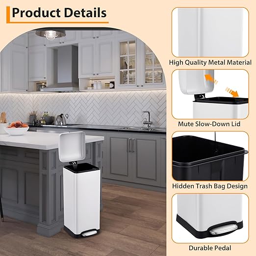 Garvee 8 gal/30 L Kitchen Trash Can, Fingerprint-Proof Stainless Steel Garbage Can with Soft-Close Lid, Recycle Bin with Removable Inner Buckets and Foot Pedal for Office Bedroom Bathroom, White