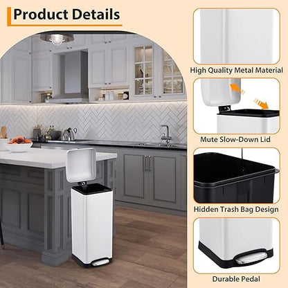 Garvee 8 gal/30 L Kitchen Trash Can, Fingerprint-Proof Stainless Steel Garbage Can with Soft-Close Lid, Recycle Bin with Removable Inner Buckets and Foot Pedal for Office Bedroom Bathroom, White
