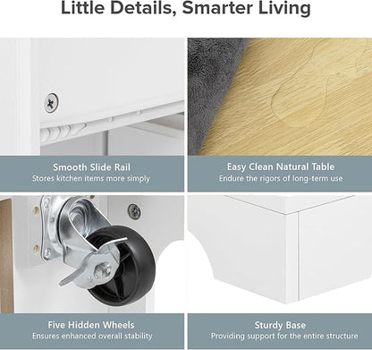 51.2" Kitchen Island with 6 Drawers, Pull Out Trash Can Storage, Rolling Kitchen Island on 5 Wheels with Drop Leaf, Power Outlet, 5 Open Side Racks for Kitchen, Dining Room, White