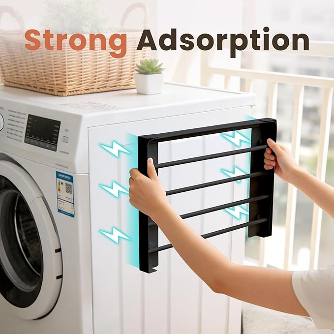 Foldable Wall Mounted Clothes Drying Rack,Space-Saving Laundry Drying Rack, Magnetic & Punch-Free Retractable Hanging Rack with 4 Drying Bars, Heavy-Duty Fold Down (Black)