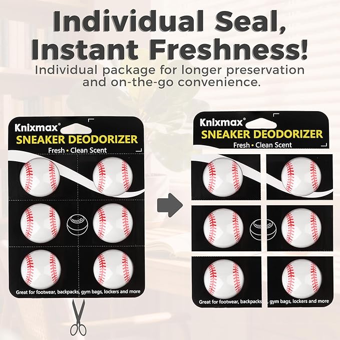 Knixmax Shoe Deodorizer Balls Strong, Odor Eliminator for Sneaker Gym Bag Closet Locker, Unpleasant Smell Remover Ball for Men Women Teens, 6 Packs Fresh Linen Baseball