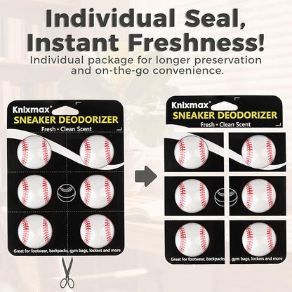 Knixmax Shoe Deodorizer Balls Strong, Odor Eliminator for Sneaker Gym Bag Closet Locker, Unpleasant Smell Remover Ball for Men Women Teens, 6 Packs Fresh Linen Baseball
