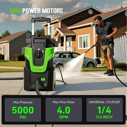 5000PSI Heavy Duty Pressure Washer, 3-Speed Adjustable Power Washer with 2-Stage Pull Rod, 4 Nozzles, Foam Cannon & 500ml Soap Bottle for Car, Home & Outdoor Cleaning,Green