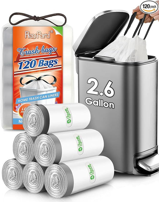 120 Counts 2.6 Gallon Small Drawstring Trash Bags Garbage Bags by RayPard, Small Strong Plastic Bags fit 7.5-10 Liter Trash Can for Home Office Kitchen Bathroom Bedroom, White Waste Basket Liners