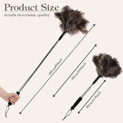 Telescopic Ostrich Feather Duster, 59-inch Naturally Fluffy Long-Handled Feather Duster, Soft, Durable and Reusable for Cleaning high Ceilings, Walls, Fans, Furniture and Blinds in The Home Office