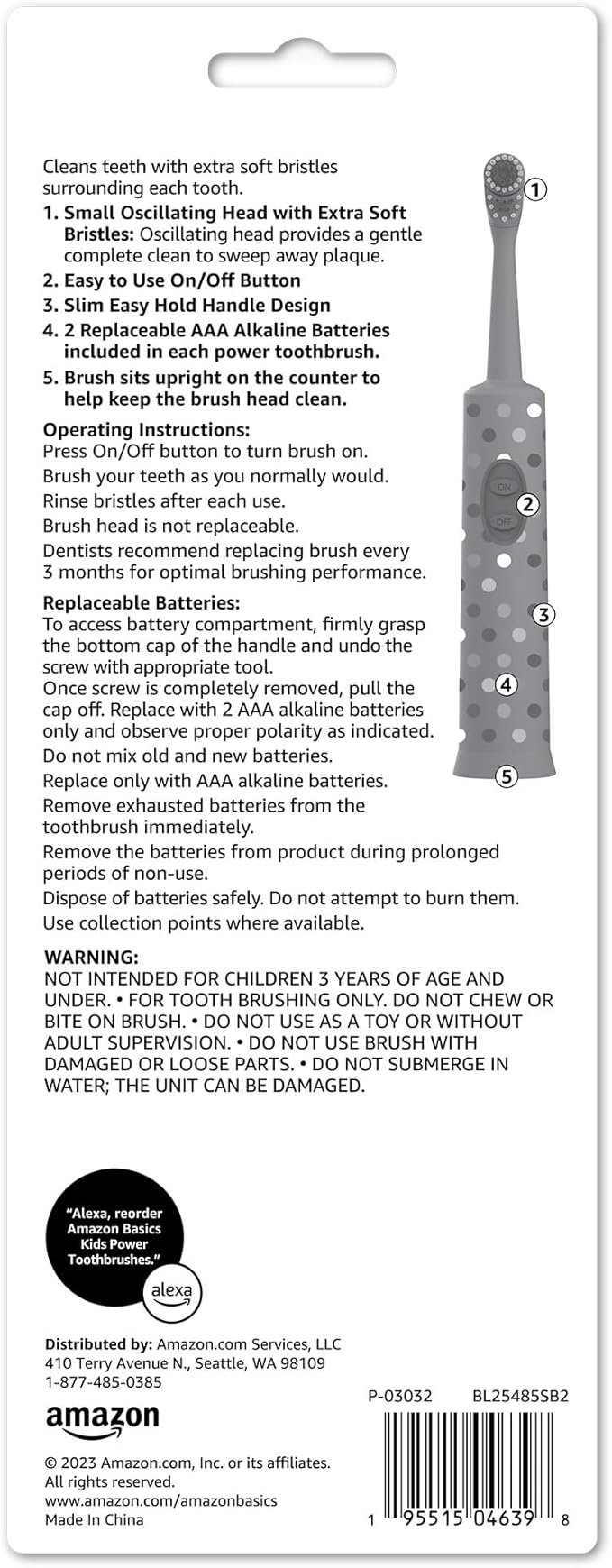 Amazon Basics Kids Electric Toothbrush, Battery Powered, Soft Bristles, Oscillating Brush Head, Ages 4+, 2 Count, 1-Pack (Previously Solimo)