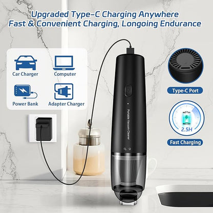 Handheld Vacuum Cordless, Car Portable Mini Vacuum Cleaner 13000 PA Suction Power with 2 HEPA Filter, 2 Suction Modes, Hand Held Vacuum Rechargeable for Car, Home, Pet Hair, Office, Keyboards Black
