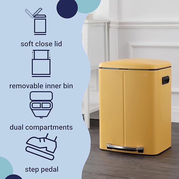 happimess HPM1005L Marco Rectangular 10.6-Gallon Double Bucket Trash Can with Soft-Close Lid, Daffodil Yellow, Fingerprint Resistant, Modern, Minimalistic for Home, Kitchen, Office, Bedroom, Bathroom