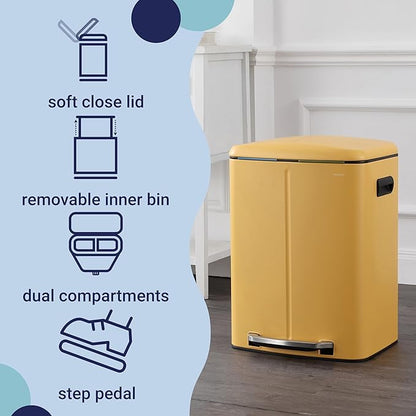 happimess HPM1005L Marco Rectangular 10.6-Gallon Double Bucket Trash Can with Soft-Close Lid, Daffodil Yellow, Fingerprint Resistant, Modern, Minimalistic for Home, Kitchen, Office, Bedroom, Bathroom