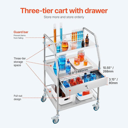 VEVOR Service Cart, 3 Layers Stainless Steel Utility Rolling Cart with Drawer, Lockable Wheels, Ideal for Laboratory, Hospital, Dental Use