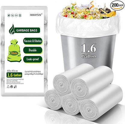 1.6 Gallon Small Biodegradable Trash Bags - Inwaysin Unscented 5 Rolls 200 Count Mini Compostable Bathroom Garbage Bags Tiny Trash Can Liners Strong & Durable for Kitchen, Office, Car
