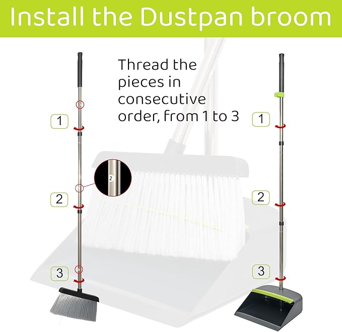 Broom with Dustpan Combo Set with Long Handles - Lightweight Indoor & Outdoor Broom and Dustpan Set for Home & Office - Broom with Stand Up Dustpan and Innovative Dust Collector