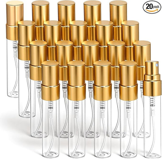 20 Pack 5ml Atomizer Glass Spray Bottles, Mini Perfume Spray Bottle, Fine Mist Atomizer Glass Bottle, Travel Size Mini Spray Bottles for Fragrance, Essential Oils, DIY Samples (Gold)