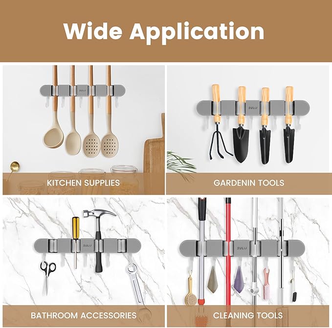 3PCS Broom Holder Wall Mount, No-Drilling Self-Adhesive Mop and Broom Storage Rack (4 Racks with 5 Hooks),Wall-Mounted Broom Hanger for Bathroom, Kitchen, Closet, Garage (Gray)