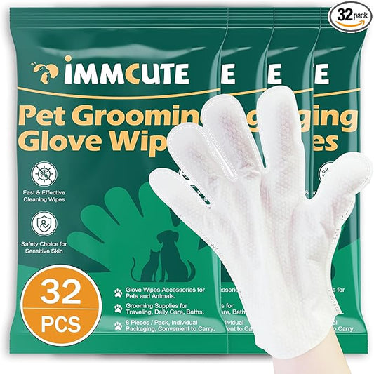 32 PCS Unscented Extra Thick Pet Bathing Wipes for Dogs & Cats, Dog Wipes Washing Gloves, Cleaning & Deodorizing Grooming Gloves for Daily Care and Traveling with EDI Water, Glycerin, Aloe Extract