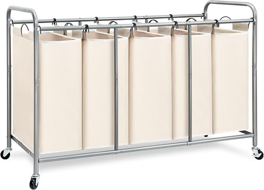 STORAGE MANIAC 5 Section Laundry Sorter, 5 Bins Rolling Separator Laundry Basket, Dirty Clothes Hamper Divider with Heavy Duty Rolling Lockable Wheels, Large Clothes Organizer Cart, Beige