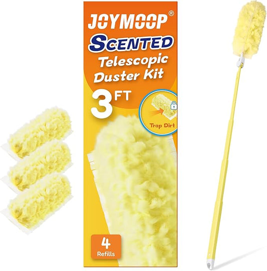 JOYMOOP Scented Telescopic Duster kit, 3FT Extendable Handle (Yellow) + 4 Yellow Refills for Swiffer Feather Duster,Easy Cleaning for Ceilings, Ceiling Fans, Blinds, Vents & Shelves