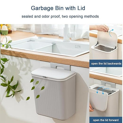 2.4 Gallon Kitchen Compost Bin for Counter Top or Under Sink, Hanging Small Kitchen Trash Can with Lid, Wall Mounted Waste Basket Bin Garbage Can for Bathroom (Grey)