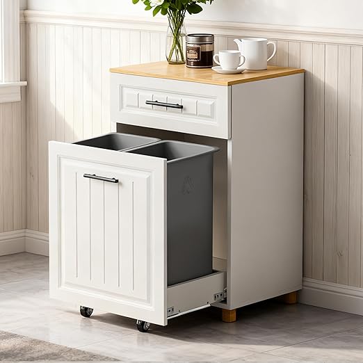 ZIFTY Pull Out Trash Can Cabinet for 10.25 Gallon Bins Freestanding Kitchen Trash Bin Cabinet with Drawer Pet Proof Wooden Garbage Recycling Laundry Hamper Storage for Living Room