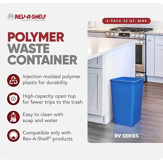 Rev-A-Shelf 35 qt Polymer Replacement Waste Container for Rev-A-Shelf Pullouts, Kitchen Cabinet Trash Can Recycle Bin, RV-35-22-2, Blue (2-Pack)