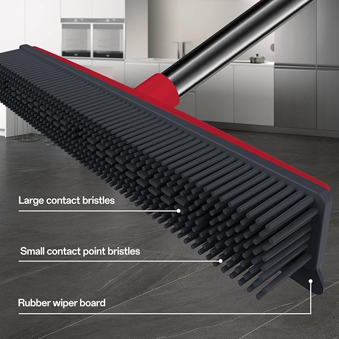 Rubber Broom Pet Hair Remover for Carpet with Squeegee - 50" (130cm) Sturdy 4-Piece Sectional Handle, 3-Level Adjustable Height Silicone Broom for Rugs, Tile, Hardwood Floors & Windows