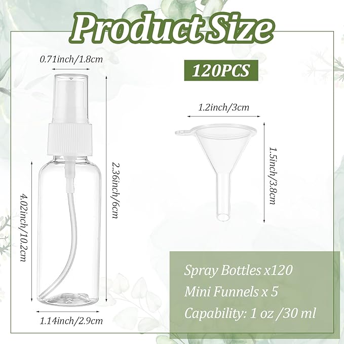 120 Pcs 1 oz Spray Bottles with 5 Funnels, Mini Clear Empty Plastic Fine Mist Travel Bottles - Leak Proof, Refillable for Essential Oils, Perfumes, Cosmetics
