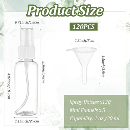 120 Pcs 1 oz Spray Bottles with 5 Funnels, Mini Clear Empty Plastic Fine Mist Travel Bottles - Leak Proof, Refillable for Essential Oils, Perfumes, Cosmetics