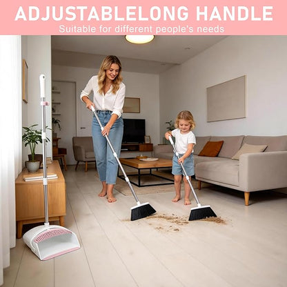 Broom with Dustpan Combo Set for Home, 52-in Long Adjustable Handle Angle Broom and Dustpan Set with Dustpan Comb Teeth for Sweeping Pet Hair Food Dirt Kitchen