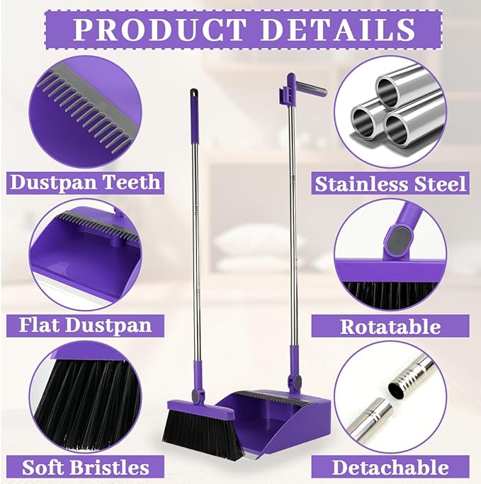Broom and Dustpan Set, Long Handle Standing Broom with Self-Cleaning Comb Teeth, Heavy Duty Broom Dustpan Combo for Home Kitchen Office Floor Pet Hair Cleaning (Purple)