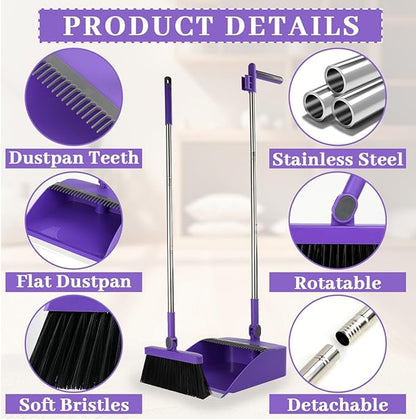 2-in-1 Broom with Dustpan Combo Set,Long Handle Broom Dustpan Combo with Dustpan Teeth to Automatically Clean Hair for Home, Indoor or Outdoor Cleaning Hall Floor (Purple)