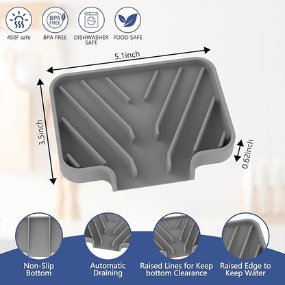 JACZZO Silicone Soap Dish for Shower and Bathroom - Small Bar Soap Holder with Self Draining Spout - Non-Slip Sink Tray Organizer for Kitchen Counter and Narrow Ledge, Gray (3.5" x 5")