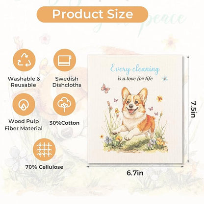 wlich 10PCS Swedish Dishcloths for Kitchen, Reusable Dish Rags for Washing Dishes with Clips, Non-Scratch Kitchen Towels and Dishcloths Sets, Washable Swedish Dish Cloths, No Odor(Dog)