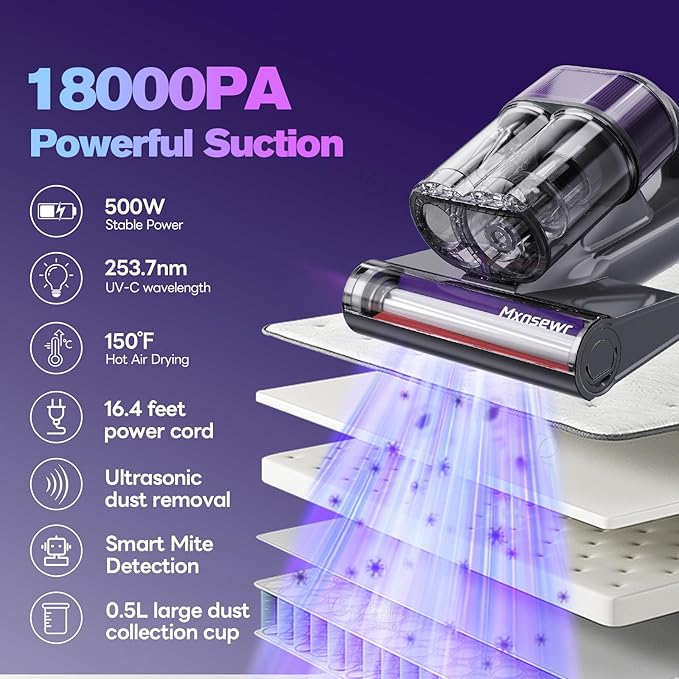 Mxnsewr Mattress Vacuum Cleaner, Ultrasonic Bed Vacuum Cleaner with 18Kpa Strong Suction, 150°F Heat & 253.7nm UV-C Light, Intelligent Dual Cup, One-Click Dust Removal for Bed, Sofa, Pet Hair, Gray