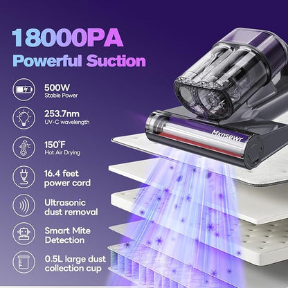 Mxnsewr Mattress Vacuum Cleaner, Ultrasonic Bed Vacuum Cleaner with 18Kpa Strong Suction, 150°F Heat & 253.7nm UV-C Light, Intelligent Dual Cup, One-Click Dust Removal for Bed, Sofa, Pet Hair, Gray