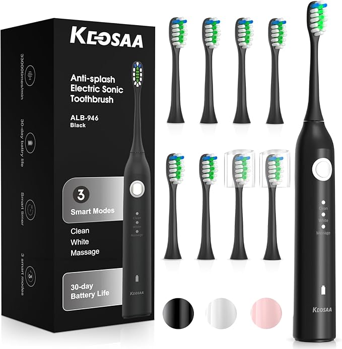 Sonic Vibrating Toothbrush with Pressure Sensor, Electric Tooth Brush with 8 Brush Heads, 3 Modes, 33000VPM, 2-Min Timer, One Charge Lasts for 30 Days, 3D Rounded Soft Bristles, IPX7 Waterproof