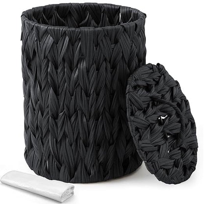 Ctosree 1.3 Gallons Small Trash Can with Lid Handle Boho Woven Braided Bathroom Waste Basket Trash Can with 100 Garbage Bags for Bedroom Office Laundry(Braided Polypropylene, Black)